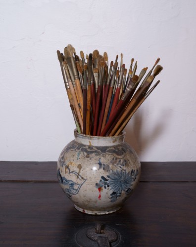 李朝染付丸壺筆立て-2